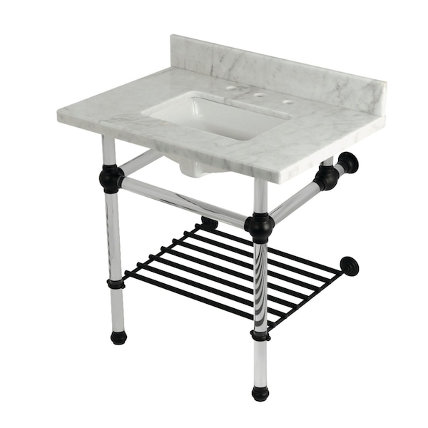 Kingston Brass 30-Inch Carrara Marble Console Sink with Acrylic Legs and Shelf, 8-Inch, 3-Hole KVPB3030MASQB0 - main