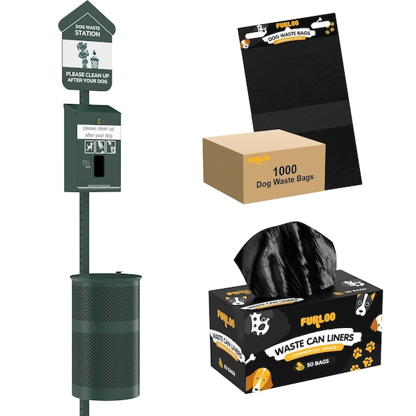Furloo Pet Waste Station Starter Kit with Header Bag Dispenser, 1,000 Bags & 50 Liners, Steel, Green FLO1H-S-G-B - main