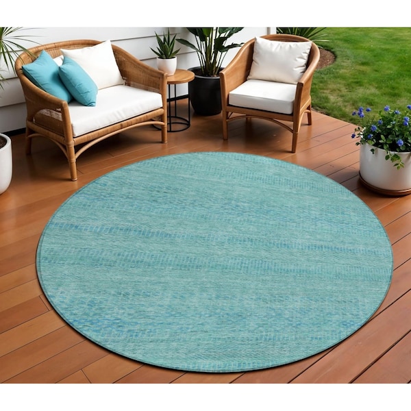 Homeroots 8' Aqua And Teal Blue Round Striped Washable Indoor Outdoor Area Rug 615646 - main
