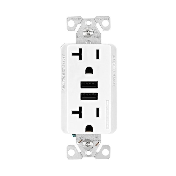 Eaton Wiring Devices Eaton Duplex Receptacle with USB Ports, 2 -Pole, 20 A, 125 V, NEMA: 5-20R, White TR7766W-KB-L - main