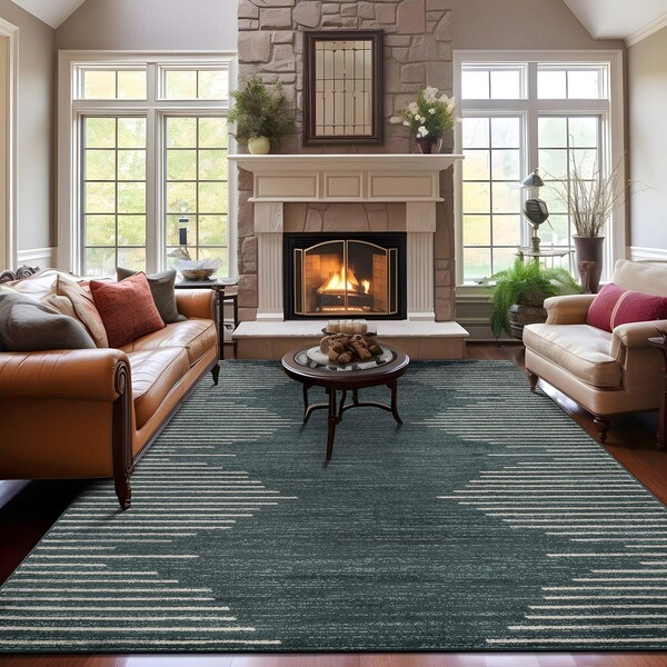 World Rug Gallery Bohemian Stripe Stain Resistant Area Rug 7 ft 10 in x 10 ft Teal 385TEAL8X10 - main