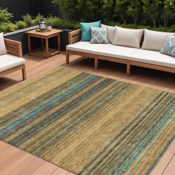 Homeroots 8' X 10' Wheat Brown And Teal Blue Striped Washable Indoor Outdoor Area Rug 614854 - main