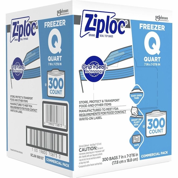 Ziploc Double Zipper Freezer Bags, 1 qt, 2.7 mil, 7" x 7.75", Clear, PK300 696187 - main