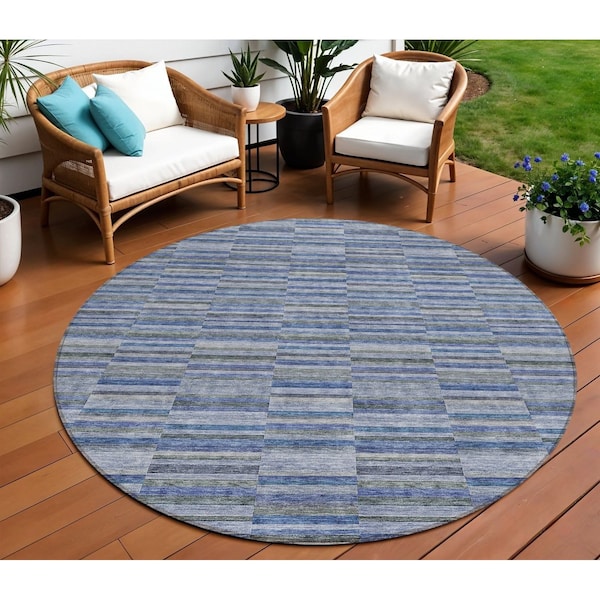 Homeroots 8' Navy Blue And Denim Blue Round Striped Washable Indoor Outdoor Area Rug 587910 - main