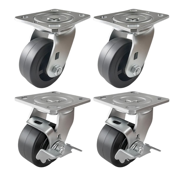Hyw Products Heavy Duty Caster Set 4in Rubber on Cast Iron Wheels, 2 Swivel & 2 Swivel with Brake, 4PK 40-40S-A1-RC-2,40-40S-A1-RC-TB-2 - main