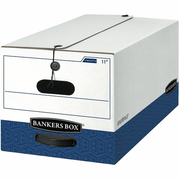 Bankers Box File Box, Corrugated Fiberboard, 12 in W, 24 in D, 10 in H, String & Button Closure, Blue, White 00011 - main