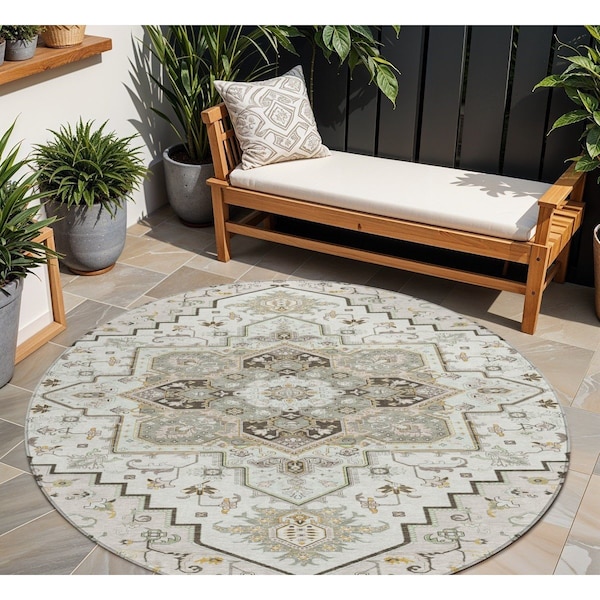 Homeroots 8' Ivory And Brown Round Oriental Washable Indoor Outdoor Area Rug 600164 - main