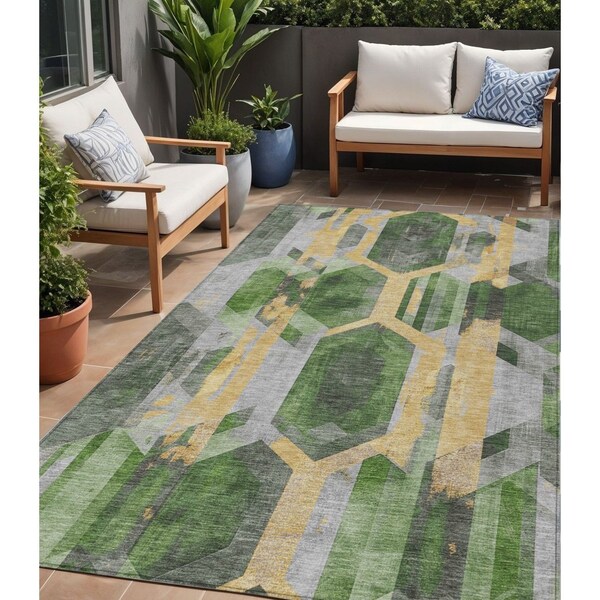Homeroots 5' X 8' Green Gold And Silver Geometric Washable Indoor Outdoor Area Rug 618746 - main