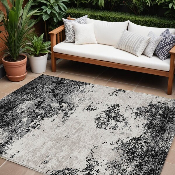 Homeroots 10' X 14' Black Gray And Ivory Abstract Washable Indoor Outdoor Area Rug 599465 - main