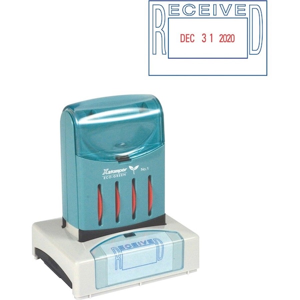 Shachihata Xstamper VersaDater Pre-Inked Message/Date Stamp, RECEIVED, 1-5/16" x 2-1/8", Blue/Red 66211 - main