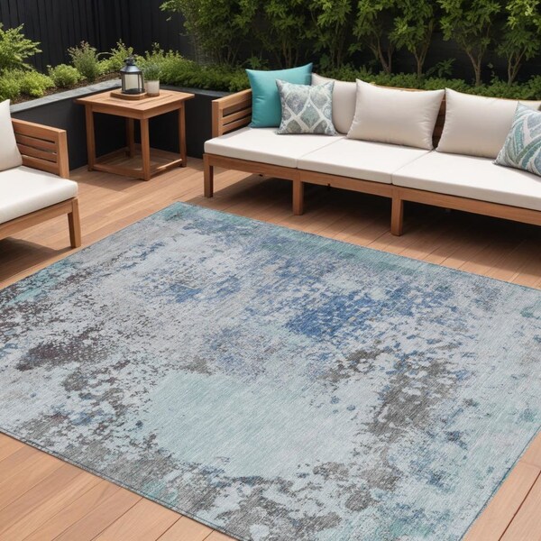 Homeroots 9' X 12' Turquoise Denim Blue And Gray Abstract Washable Indoor Outdoor Area Rug 630817 - main