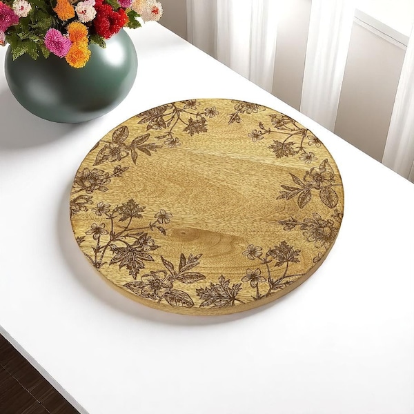 Homeroots Set of Two 12" Brown Solid Wood Floral Round Serving Trays 634502 - main