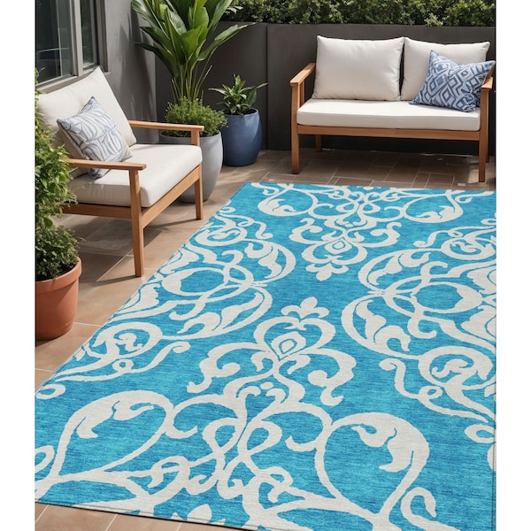 Homeroots 5' X 8' Turquoise And Ivory Damask Washable Indoor Outdoor Area Rug 614468 - main