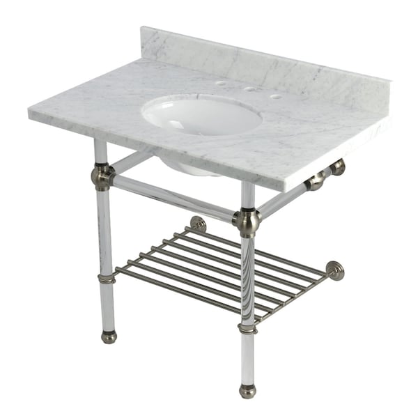 Kingston Brass 36-Inch Carrara Marble Console Sink with Acrylic Legs and Shelf, 8-Inch, 3-Hole KVPB3630MAB8 - main