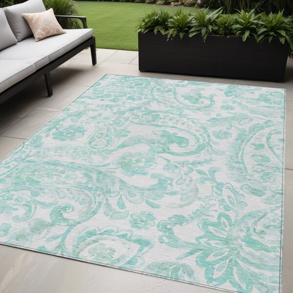 Homeroots 5' X 8' Turquoise And Ivory Paisley Washable Indoor Outdoor Area Rug 588667 - main