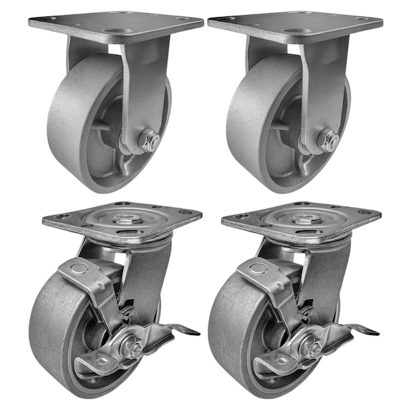 Hyw Products Heavy Duty Caster Set 5in Steel Wheels, 2 Rigid & 2 Swivel with Brake, 4PK 40-50R-A1-SS-2,40-50S-A1-SS-TB-2 - main