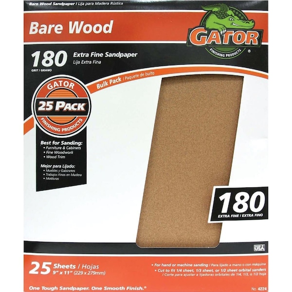 Gator Blade Bare Wood 9''x11'' 180 Grit Extra Fine Sandpaper, 25PK 4224 - main