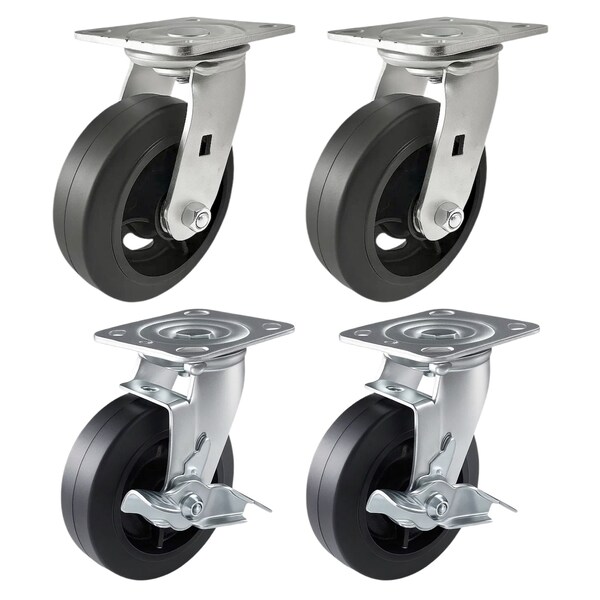 Hyw Products Heavy Duty Caster Set 6in Rubber on Cast Iron Wheels, 2 Swivel & 2 Swivel with Brake, 4PK 40-60S-A1-RC-2,40-60S-A1-RC-TB-2 - main