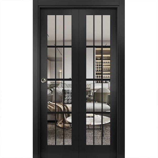 Sartodoors Sliding Closet Bi-fold Doors, Felicia 3355 Matte Black with Clear Glass, Sturdy Tracks Moldings Tr FELICIA3355BF-BLK-64 x 96 (2* 32x96) - main