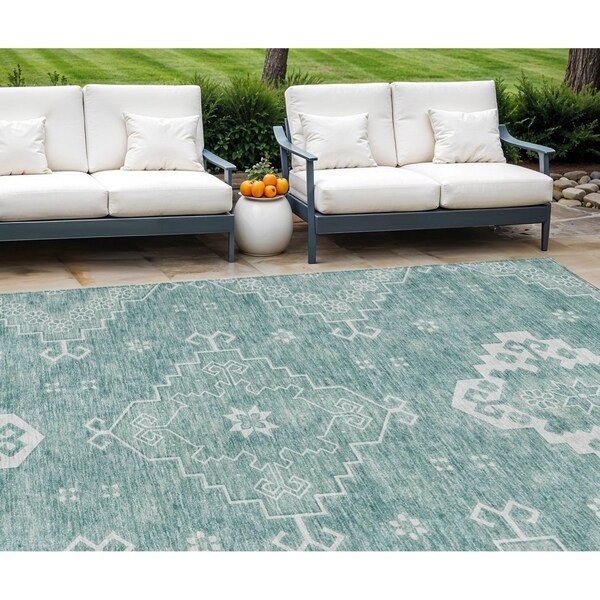 Homeroots 9' X 12' Aqua Teal Blue And Ivory Medallion Washable Indoor Outdoor Area Rug 589030 - main