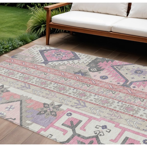 Homeroots 10' X 14' Pink Gray And Ivory Aztec Washable Indoor Outdoor Area Rug 598495 - main