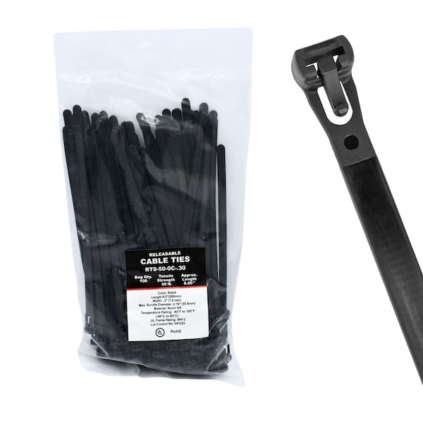 Cable Ties Unlimited Releasable Cable Tie, 8 in L, 50 lb Strength, 2.2 in Max Bundle Dia, Nylon, UV-Rated, Black, 100PK RT8-50-0C-.30 - main