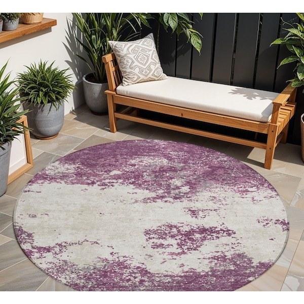 Homeroots 8' Eggplant Gray And Ivory Round Abstract Washable Indoor Outdoor Area Rug 599480 - main