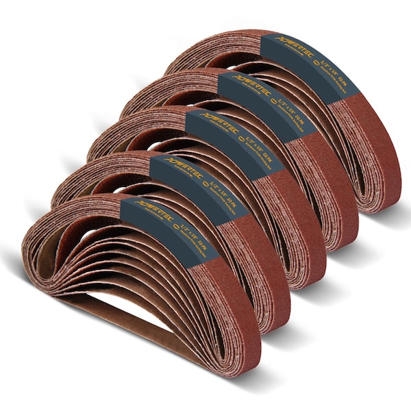 Powertec Sanding Belt Assortment, 1/2 in W, 18 in L, 10 each of 40/80/120/180/240 Grits, Aluminum Oxide, 50PK 40182-1N - main