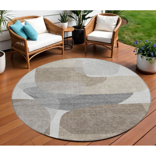 Homeroots 8' Taupe And Gray Round Abstract Washable Indoor Outdoor Area Rug 632193 - main