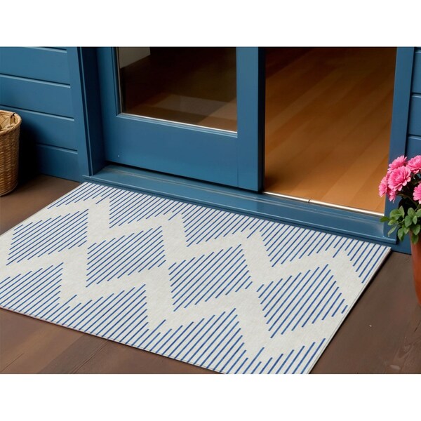 Homeroots 3' X 5' Ivory And Blue Geometric Washable Indoor Outdoor Area Rug 598752 - main