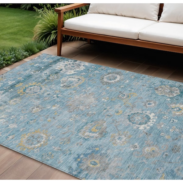 Homeroots 10' X 14' Teal Blue And Aqua Floral Washable Indoor Outdoor Area Rug 609521 - main