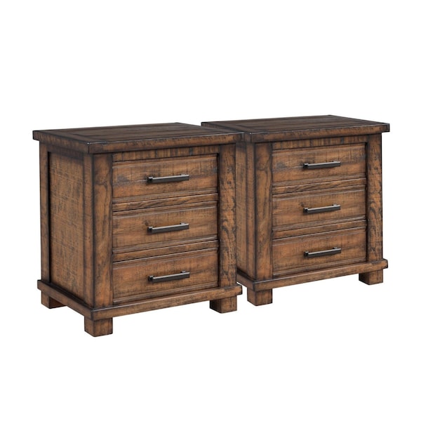 Homeroots Set of Two 26" Walnut Solid Wood Distressed Three Drawer Nightstand, 2PK 653105 - main