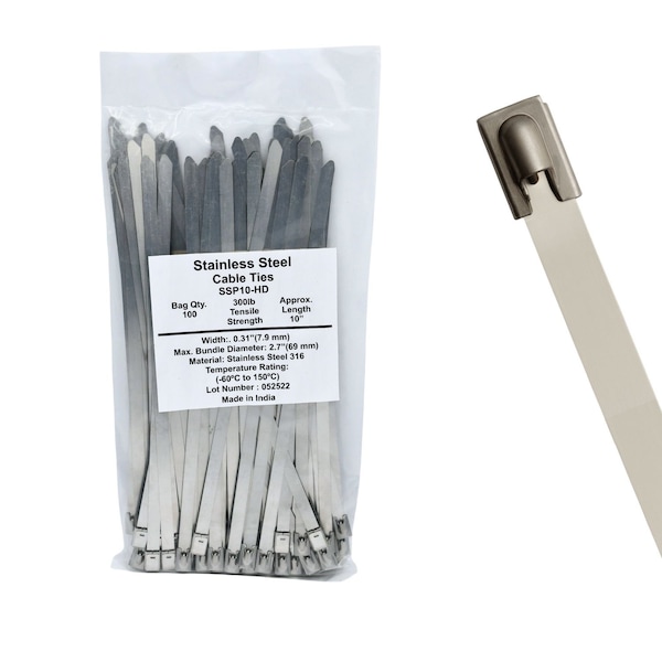 Cable Ties Unlimited Cable Tie, 10 in L, 300 lb Strength, 2.6 in Max Bundle Dia, 316 Stainless Steel, Silver, 100PK SSP10-HD - main