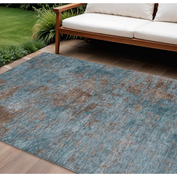 Homeroots 8' X 10' Teal Blue And Brown Abstract Washable Indoor Outdoor Area Rug 609397 - main