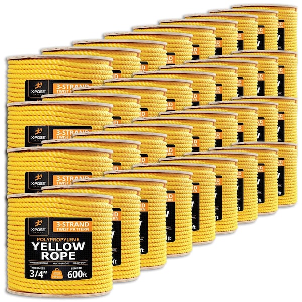 Xpose Safety 3/4in x 600 ft Twisted Polypropylene Rope, Yellow, 36PK YPR34-600-36-X - main