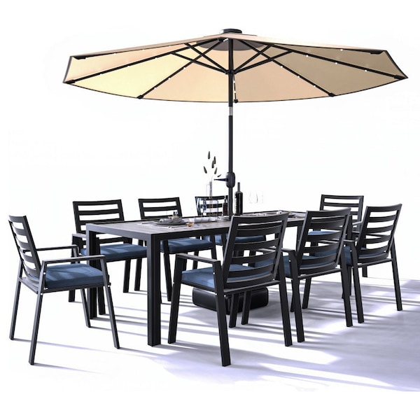 Leisuremod Chelsea Aluminum Outdoor Dining Table 87 With 8 Chairs and Cushions, Charcoal Blue CC20-T87BL-8CBU - main