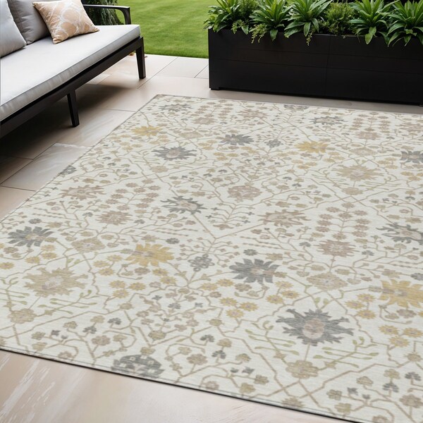 Homeroots 5' X 8' Ivory Beige And Gray Oriental Washable Indoor Outdoor Area Rug 598053 - main