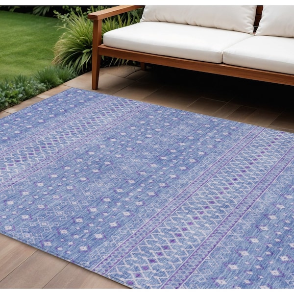 Homeroots 9' X 12' Sky Blue Purple And Ivory Tribal Washable Indoor Outdoor Area Rug 582636 - main