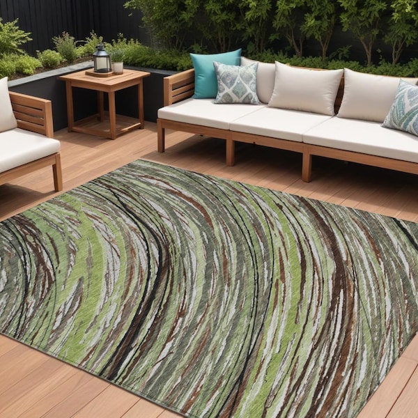 Homeroots 8' X 10' Artichoke Green Brown And Ivory Abstract Washable Indoor Outdoor Area Rug 631230 - main