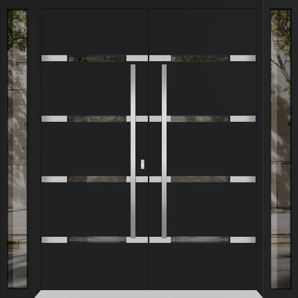 Vdomdoors Metal Double Doors Deux 1105 Black Enamel Mirrored Clear Glass 2 Sidelights Entry Modern Painted 96 DEUX1105DEXD-BLK-W12+72+12xH80-LH-I - main
