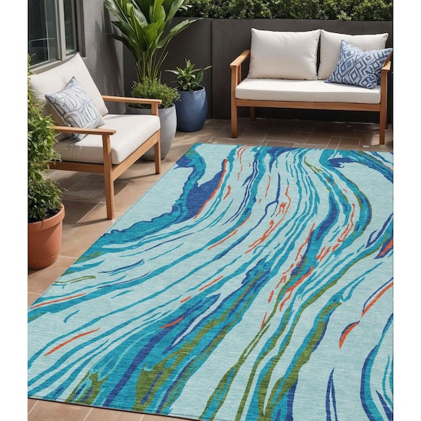 Homeroots 5' X 8' Blue Pink And Green Abstract Washable Indoor Outdoor Area Rug 600223 - main
