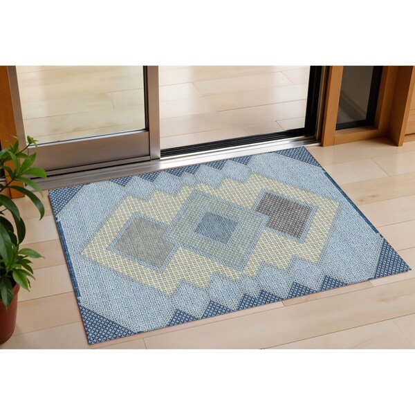 Homeroots 3' X 5' Denim Blue Gray And Brown Geometric Washable Indoor Outdoor Area Rug 631903 - main