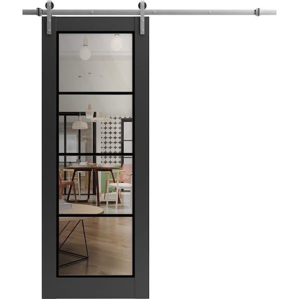 Sartodoors Sturdy Barn Door Clear Tempered Glass, Lucia 2466 Matte Black and Aluminum Strips, 6.6FT Silver Ra LUCIA2466BD-S-BLK-36 x 96 - main