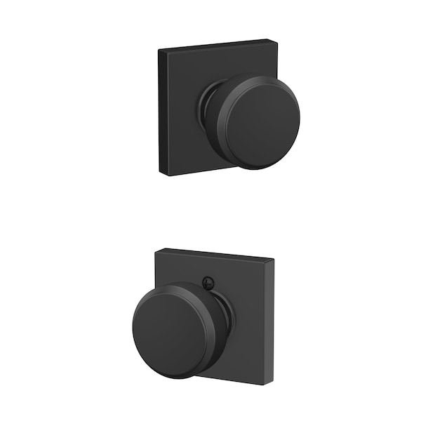 Schlage Residential Bowery Knob with Collins Rose Passage Lock with 16080 Latch and 10027 Strike Matte Black Finish F10BWE622COL - main