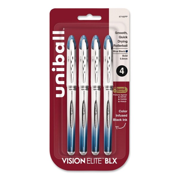 Uni-Ball VISION ELITE BLX Series Hybrid Gel Pen, Stick, Bold 0.8 mm, Blue-Infused Black Ink, 4PK 67182 - main