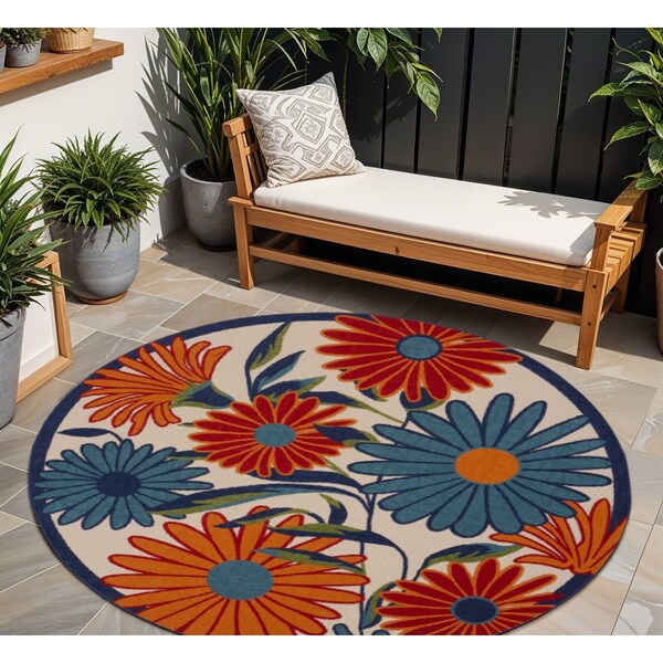 Homeroots 8' Ivory Orange and Blue Round Floral Indoor Outdoor Area Rug 527639 - main