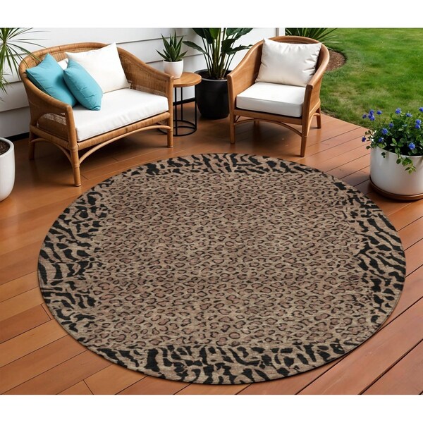 Homeroots 8' Brown Round Animal Print Washable Indoor Outdoor Area Rug 607634 - main