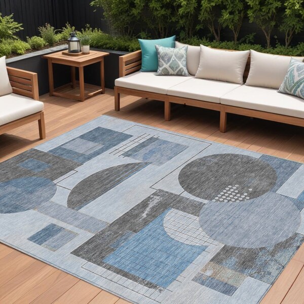 Homeroots 10' X 14' Blue And Gray Geometric Washable Indoor Outdoor Area Rug 618015 - main
