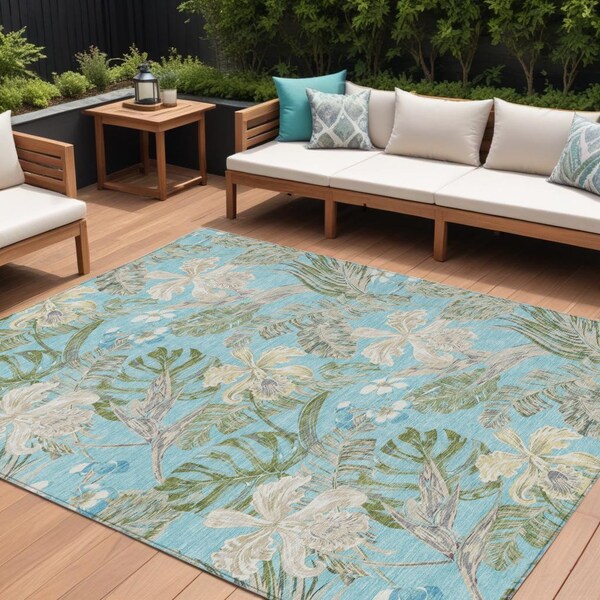 Homeroots 8' X 10' Teal Blue Olive Green And Beige Botanical Leaves Washable Indoor Outdoor Area Rug 618415 - main