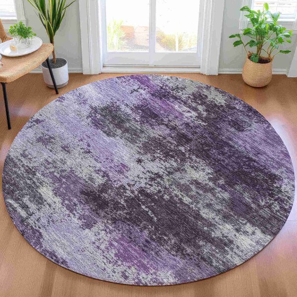 Homeroots 8' Purple And Ivory Round Abstract Washable Indoor Outdoor Area Rug 630647 - main